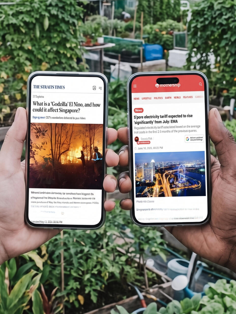 Two smartphones displaying news articles from The Straits Times about the Godzilla El Niño effect and Mothership about rising Singapore electricity tariffs.