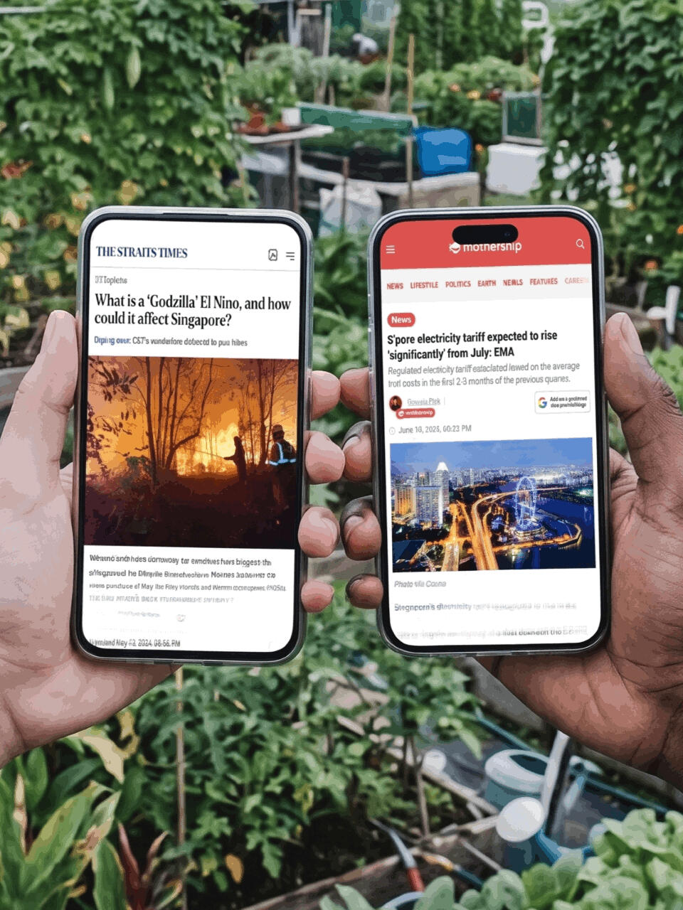Singapore Climate and Electricity Tariff News Articles Two smartphones displaying news articles from The Straits Times about the Godzilla El Niño effect and Mothership about rising Singapore electricity tariffs.