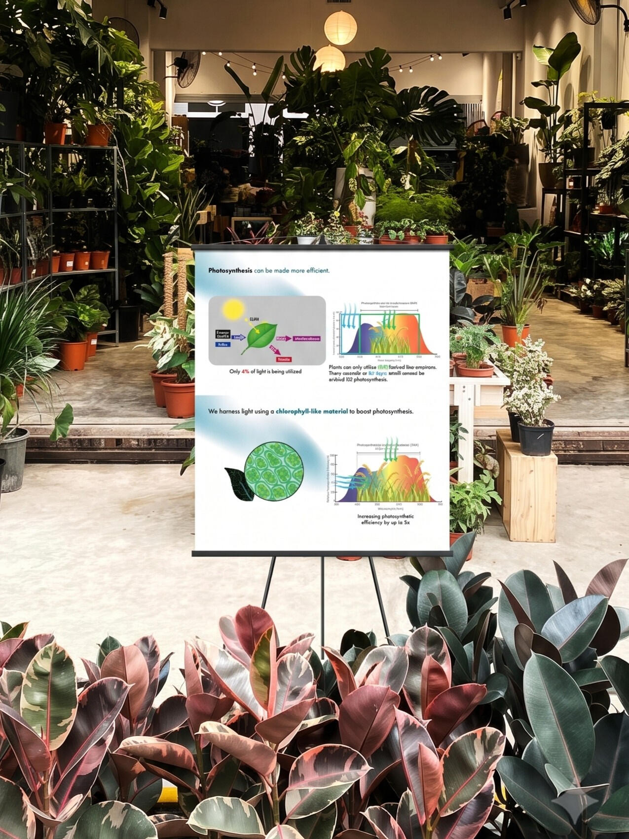 Infographic displayed on an easel in a nursery showing how Qarbotech technology harnesses light with a chlorophyll-like material to shift underutilised light and increase natural photosynthetic efficiency.