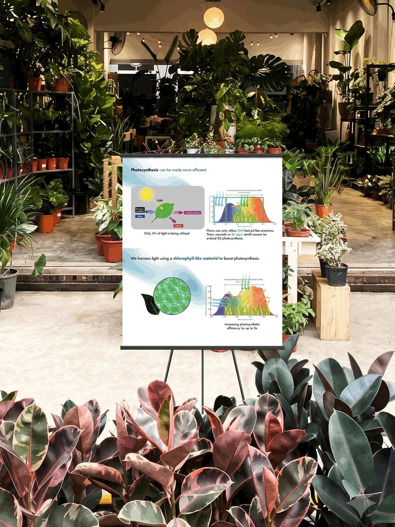 Qarbotech Photosynthesis Efficiency Diagram Infographic displayed on an easel in a nursery showing how Qarbotech technology harnesses light with a chlorophyll-like material to shift underutilised light and increase natural photosynthetic efficiency.